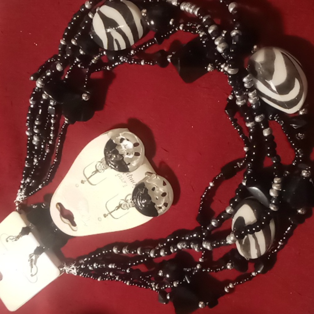 Esmore black beaded necklace with matching earrings & bonus glass earrings
